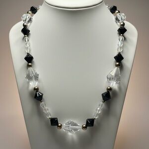 Vintage Lucite & Aurora Borealis Crystal Bead Necklace Black Geometric Beads